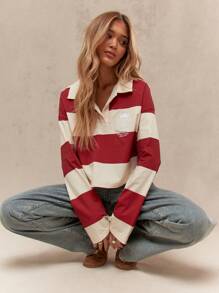 MISSGUIDED 学院风橄榄球 Polo 衫条纹长袖棉质短款上衣学院风运动经典秋冬家居服基本款 - 紅白色 - 查看 4