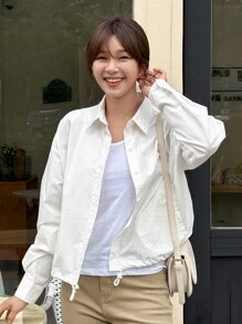 DAZY Women's Turn-Down Collar Loose Hem Drawstring Jacket Long Sleeve Top - White - View 2