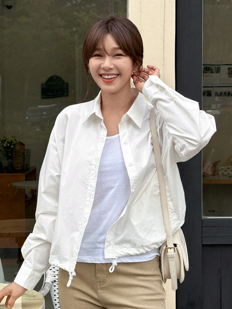 Women's Turn-Down Collar Loose Hem Drawstring Jacket Long Sleeve Top