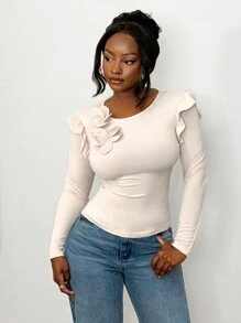 VaVaBold 1 件优雅纯色 3D 花朵装饰荷叶边下摆修身 T 恤，秋季性感长袖上衣圣诞 T 恤冬季上衣 - 卡其色 - 查看 1