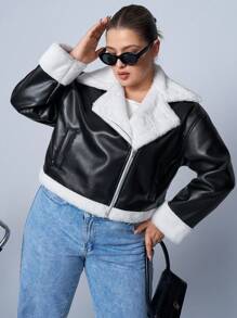 CovetEZ 厚羊毛衬里拉链立领 PU 机车夹克，大码，秋冬季 - 黑與白 - 查看 4