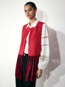 Maija Bohemian-Stil Herbst Rot Cut Out Handwerks Vintage handgefertigte Westen Jacke mit Quaste Saum für Frauen