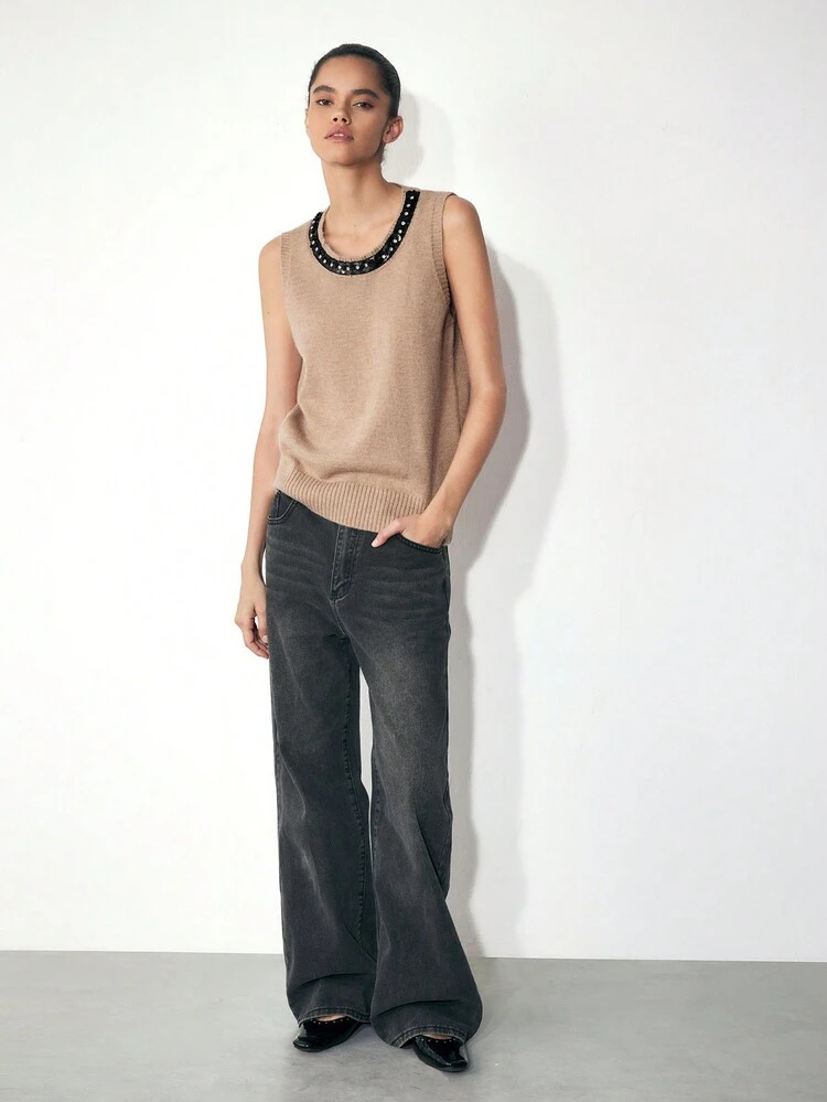 SHEIN Maija Women's Round Neck Sleeveless Casual Sequin Patchwork Knit Sweater, Autumn/Winter