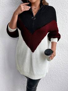 SHEIN LUNE Plus Size Solid Color Stitching Front Zipper Long Sleeve Minimalist Pullover Sweater, For Winter