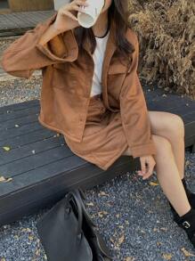 INAWLY 2 件女式仿麂皮纯色保暖内衬长袖夹克和纽扣半襟裙套装，秋冬 - 卡其色 - 查看 5