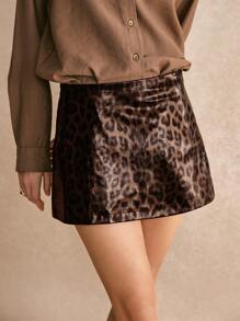 Poéselle Falda mini de mujer de estampado de leopardo de PU marrón, falda de estampado de leopardo de moda, apropiada para otoño e invierno