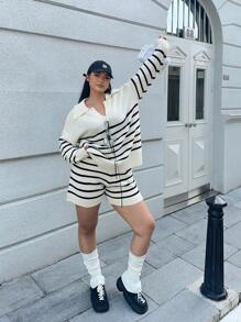 POPSWAY French Elegant Color Block Stripe Polo Collar Slouchy Pullover Long Sleeve + Shorts 2pcs Suit Knit Set For Women, Autumn/Winter Fall Cloth For Women - Multicolor - View 7