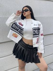 POPSWAY Plus Size Women Motorcycle Print Short Jacket