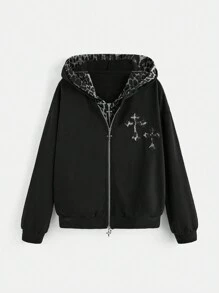 ROMWE Goth Kpop 十字架豹纹二合一拉链连帽衫，适合毕业季、返校季穿着，也适合教师穿着。 - 黑色 - 查看 1
