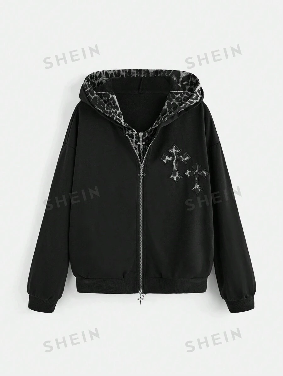 ROMWE Goth Hanorac 2 în 1 Kpop cu imprimeu de leopard și cruce, cu fermoar pentru absolvire, ținute pentru înapoi la școală, absolvire, ținute de profesor pentru femei, înapoi la școală - Negru - Vizualizare 1