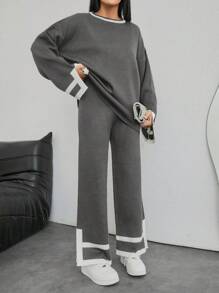 EURMUSE 1pc Contrast Trim Drop Shoulder Sweater & 1pc Knit Pants - Dark Grey - View 1
