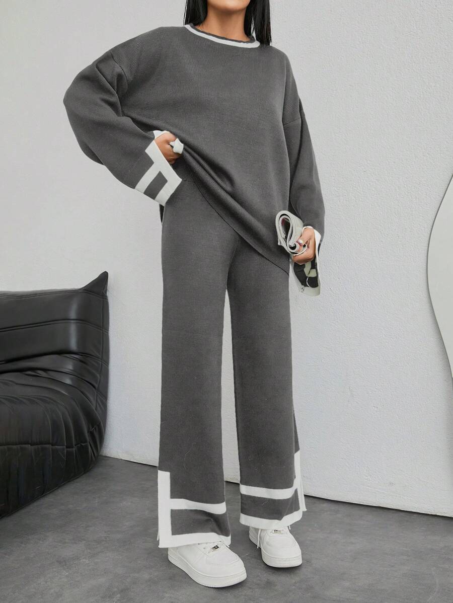 EURMUSE 1pc Contrast Trim Drop Shoulder Sweater & 1pc Knit Pants - Dark Grey - View 1