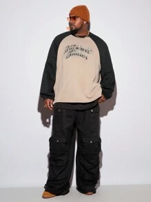 Manfinity VCAY Plus Size Men's Loose Knitted Multi-Color Letter Print Long Sleeve Pullover Sweatshirt Going Out Crew Neck Fashion Graphic Color Block Sweatshirt, For Friends, Husband, Boyfriend Gifts, For Fall Winter - Multicolor - View 1