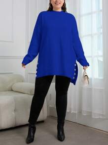 EURMUSE Plus Size Women Solid Color Drop Shoulder Mock Neck Long Sleeve Casual Sweater, Autumn/Winter