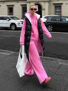 EURMUSE BLACK WINTER WOMEN COAT WITH PINK LINEN DETAIL - Black - View 3