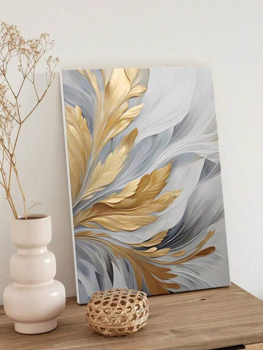 1 幅抽象花卉带框帆布墙面艺术海报现代简约金色和灰色花卉墙壁装饰画适用于卧室客厅装饰带框