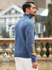 Manfinity Homme 男士休闲火焰与字母印花拼色套头高领长袖毛衣，适合工作、朋友 - 藍色 - 查看 2