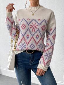 Chiquease Women Winter Cute Geo Pattern Crew Neck Long Sleeve Casual Sweater - Apricot - View 5