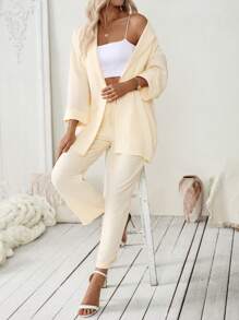 SHEIN Clasi Set de 2 piezas para mujer: Top de manga media color albaricoque con cinturón + Pantalones rectos de cintura elástica