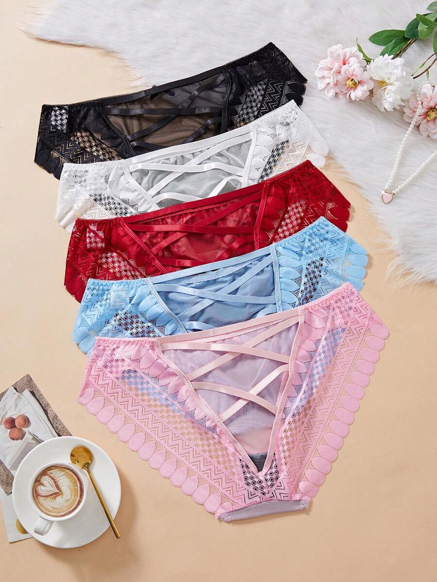 5pcs/Set Plus Size Lace Patchwork Fantasy Elegant Series Cross Strap Bowknot Panties - Multicolor - View 1