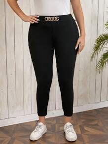 SHEIN LUNE 大码女式金属装饰弹性腰部优雅外出口袋修身长裤 - 彩色 - 查看 1