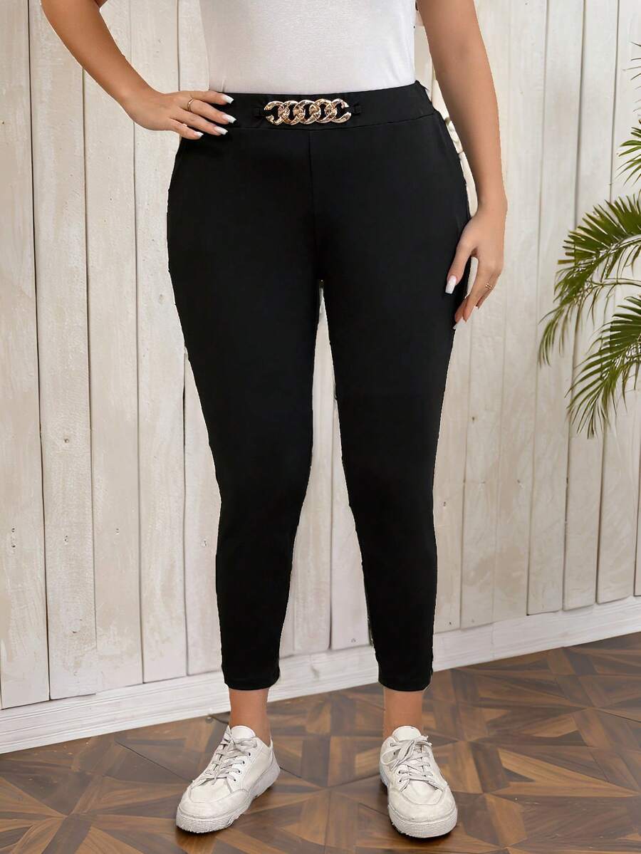 SHEIN LUNE 大码女式金属装饰弹性腰部优雅外出口袋修身长裤 - 彩色 - 查看 1