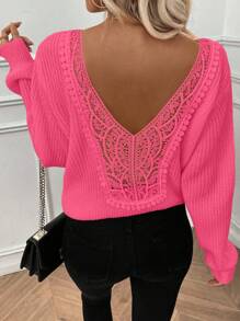 EMERY ROSE Femei culoare solidă guler rotund mânecă lungă Hollow-Out Splice minimalist casual pulover tricotat pulover toamna iarna - Roz fierbinte - Vizualizare 7