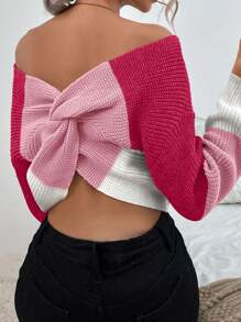 Chiquease 女士休闲优雅拼色扭纹露肩毛衣，秋冬款 - 彩色 - 查看 1