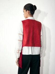 Maija Bohemian-Stil Herbst Rot Cut Out Handwerks Vintage handgefertigte Westen Jacke mit Quaste Saum für Frauen