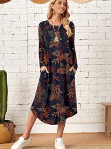 EMERY ROSE 休闲复古碎花图案针织斜口袋拱形下摆连衣裙，适合秋冬季 - 彩色 - 查看 1