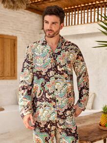 Men's Plant Print Long Sleeve Lapel Neck Single Breasted Top And Pants Pajama Set - Black - View 6