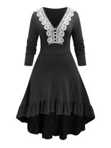 EMERY ROSE Sukienka damska Plus Size z koronką i dekoltem w serek, z długim rękawem i elegancką grafiką