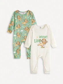 SHEIN 2pcs/Set Baby Boy Lion Print Long Sleeve Romper Outfit, Spring/Autumn
