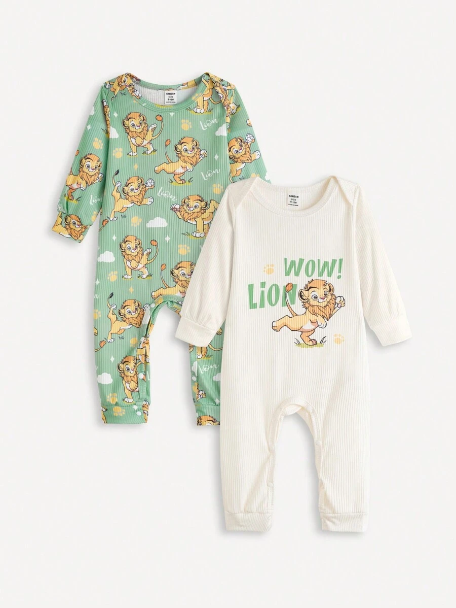 SHEIN 2pcs/Set Baby Boy Lion Print Long Sleeve Romper Outfit, Spring/Autumn