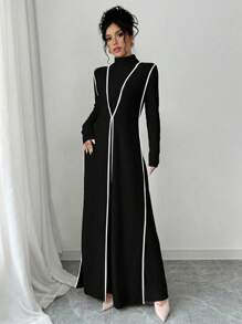 3件套：针织拉绒罗纹高领长款毛衣和撞色阔腿裤（女款） - 黑色 - 查看 7