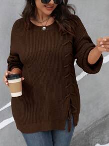 EMERY ROSE Plus Size Solid Color Lace Up Side Slit Hem Sweater, For Autumn/Winter Knit Pullover Fall - Coffee Brown - View 5