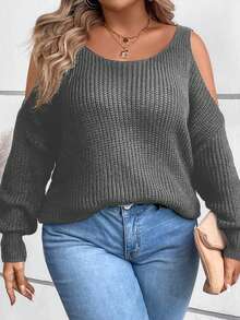 SHEIN LUNE Plus Size Women Black Open Shoulder Long Sleeve Loose Sweater, Autumn Long Sweater - Light Grey - View 6