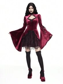 ROMWE Goth 哥特式宫廷风格迷人撞色蕾丝喇叭袖低胸多层蛋糕女式迷你连衣裙适合派对 - 紅色 - 查看 3