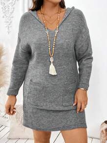 SHEIN LUNE Plus Size Women Casual Solid Color Drop Shoulder Loose Pocket Patchwork Hooded Sweater Dress - Grey - View 3