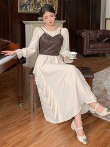 DAZY 2pcs/Set Women's Solid Color Spaghetti Strap Simple PU Blouse And Round Neck Long Sleeve Ruffle Hem Simple Dress, Autumn/Winter ,New Year Eve,Fall Women Clothes - Khaki - View 3