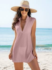 Swim Vcay 海滩装女式纯色无袖罩衫，休闲度假夏季 - 淺粉色 - 查看 4