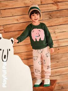 SHEIN 小男孩羊毛保暖圆领长袖图案运动衫和宽松图案运动裤 2 件套秋冬装 - 彩色 - 查看 13