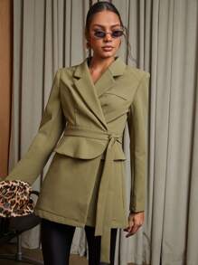 COSMINA 1 件女式休闲简约缺口翻领西装外套，秋季 - 綠色 - 查看 4