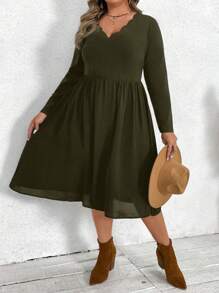 SHEIN VCAY Váy dài tay cổ chữ V viền sóng cỡ lớn, phong cách nghỉ dưỡng - xanh quân đội - Xem 6