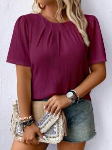 EMERY ROSE Plus Size Casual Solid Color Pleated Puff Sleeve Shirt For New Year Clothes - Red - View 3