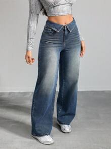 SHEIN Tall Women's Jeans Casual Fit Straight Trousers Blue Women's Loose Jeans Tall Women Pants Low Rise Baggy Jeans, Fall Women Clothes