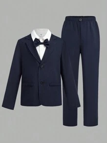 SHEIN Leap Crew 2pcs Tween Boy Casual Solid Color 2 In 1 Suit Jacket And Pants Set, Suitable For Autumn, Spring, And Winter, Suitable For Outdoor Play, School, Street Photography, Parties, And Leisure At Home - Navy Blue - View 9