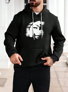 Manfinity Homme Men's Figure Print Long Sleeve Drawstring Hooded Sweatshirt, Autumn - Black - View 1