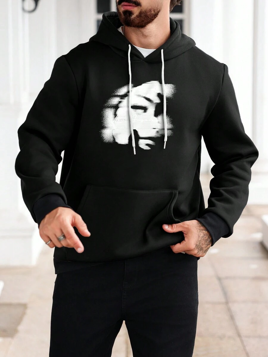 Manfinity Homme Men's Figure Print Long Sleeve Drawstring Hooded Sweatshirt, Autumn - Black - View 1