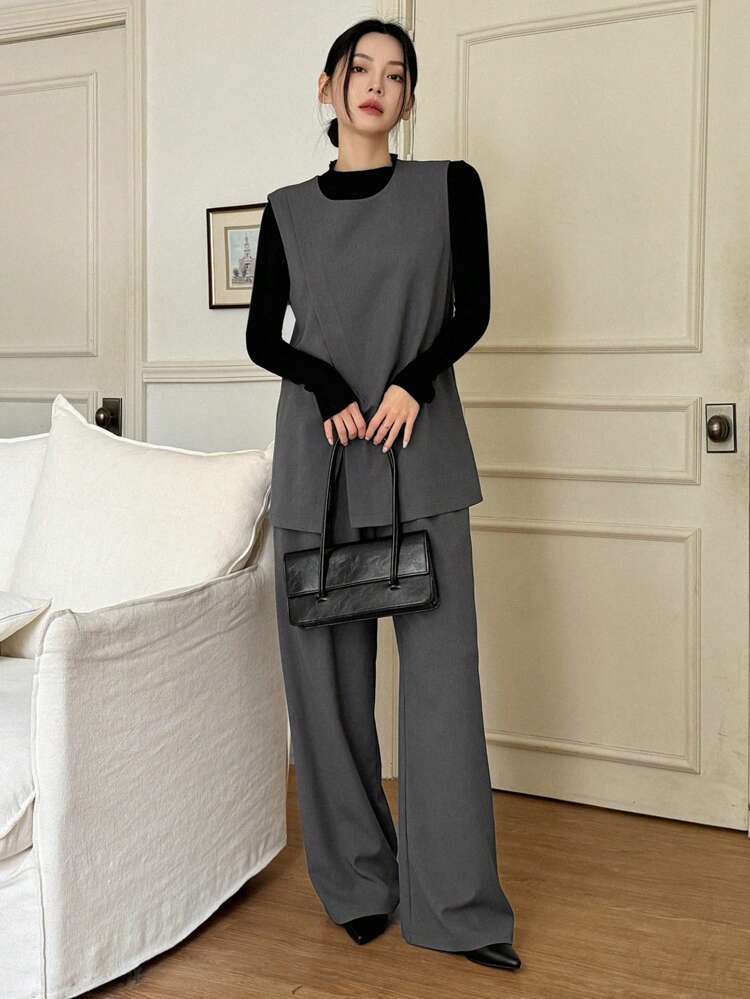 2pcs/Set Women Casual Solid Color Tank Top And Pants Set, Autumn/Winter